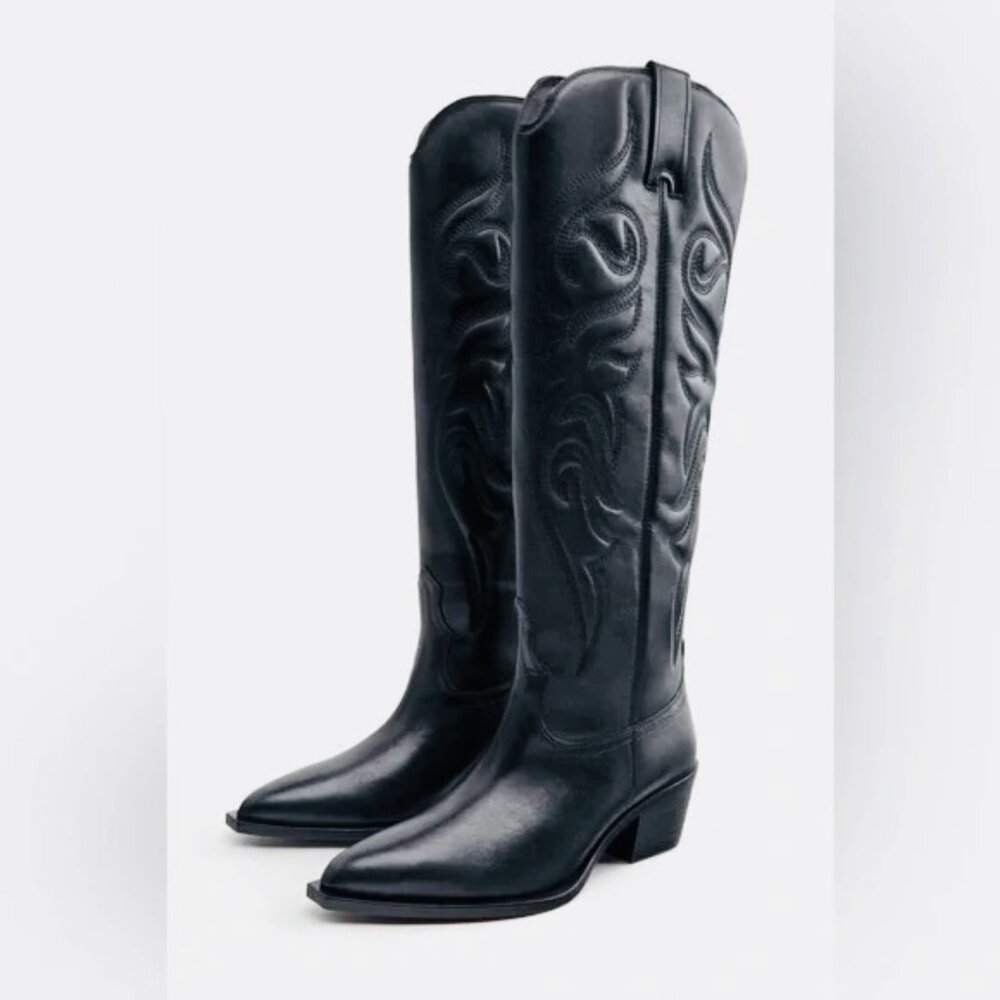 NWT!!ZARA GENIUNE LEATHER KNEE HIGH BOOT BLK. SZ.39
